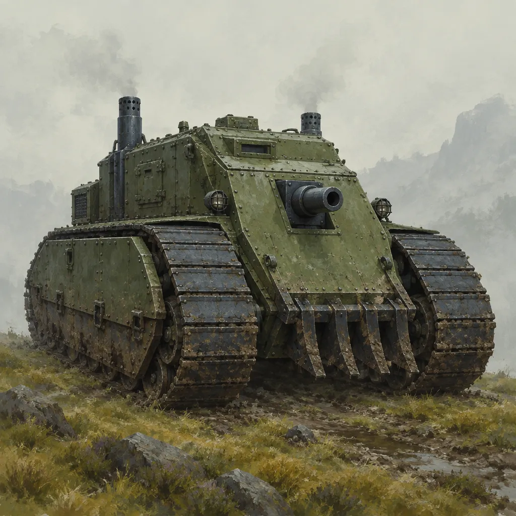 Kendaraan pengepung Bulwark Crawler berpelat hijau dengan rantai lebar, meriam pendek, dan haluan pemotong kawat.