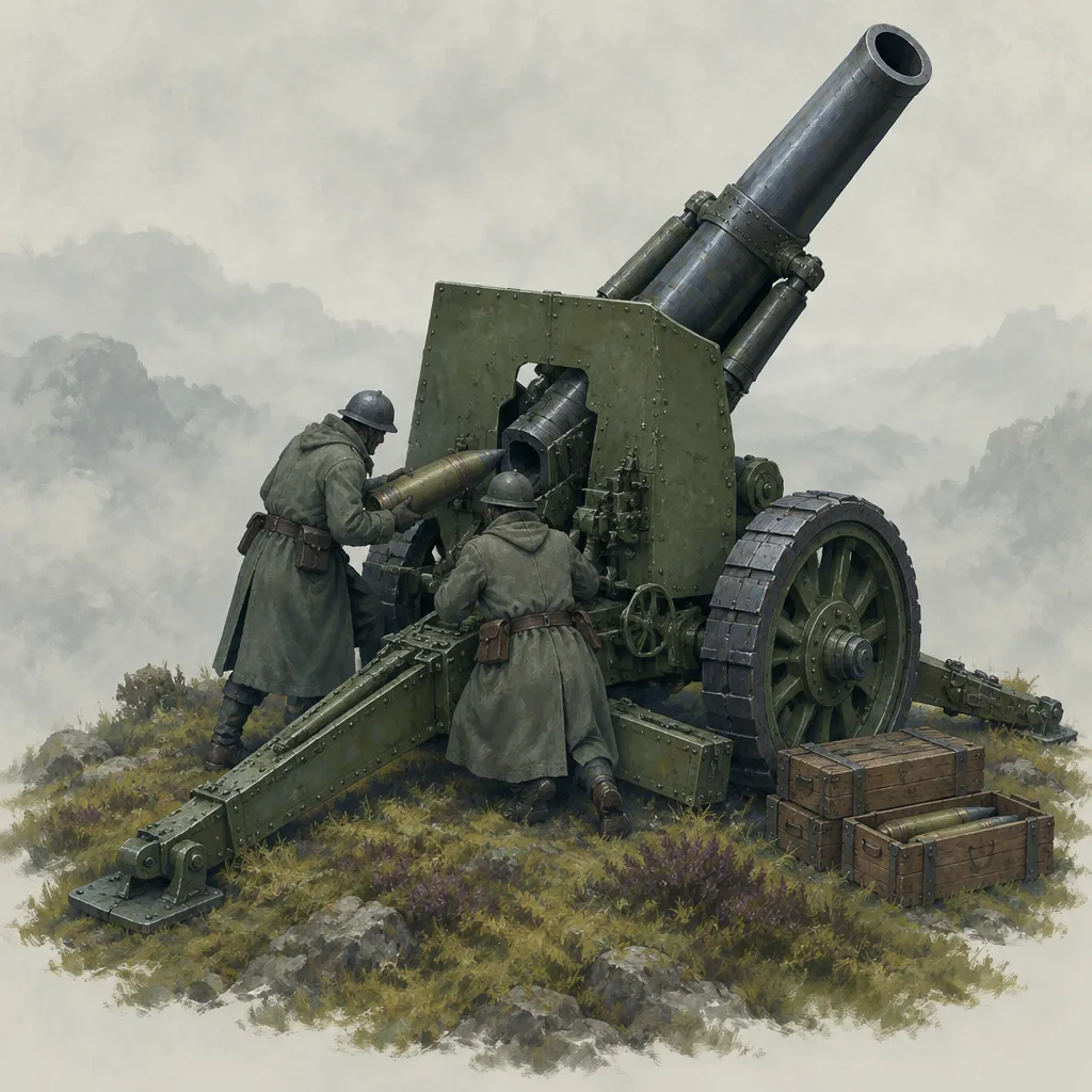 Howitzer berat berperisai hijau lumut dengan laras terangkat. Dua awak memasukkan peluru.