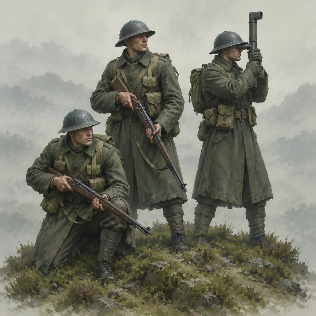 Tiga prajurit Highland Rifles bermantel abu-hijau dan berhelm baja. Satu berlutut, satu mengangkat periskop parit.